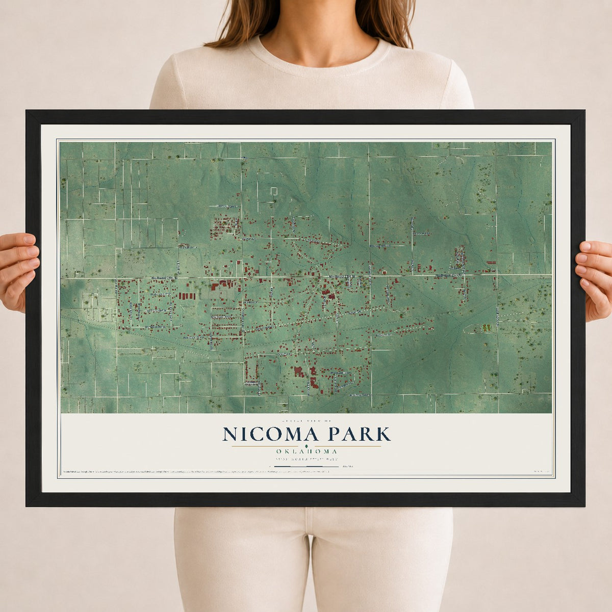Map of Nicoma Park, Oklahoma, 18 x 24 inch print in a black wood frame