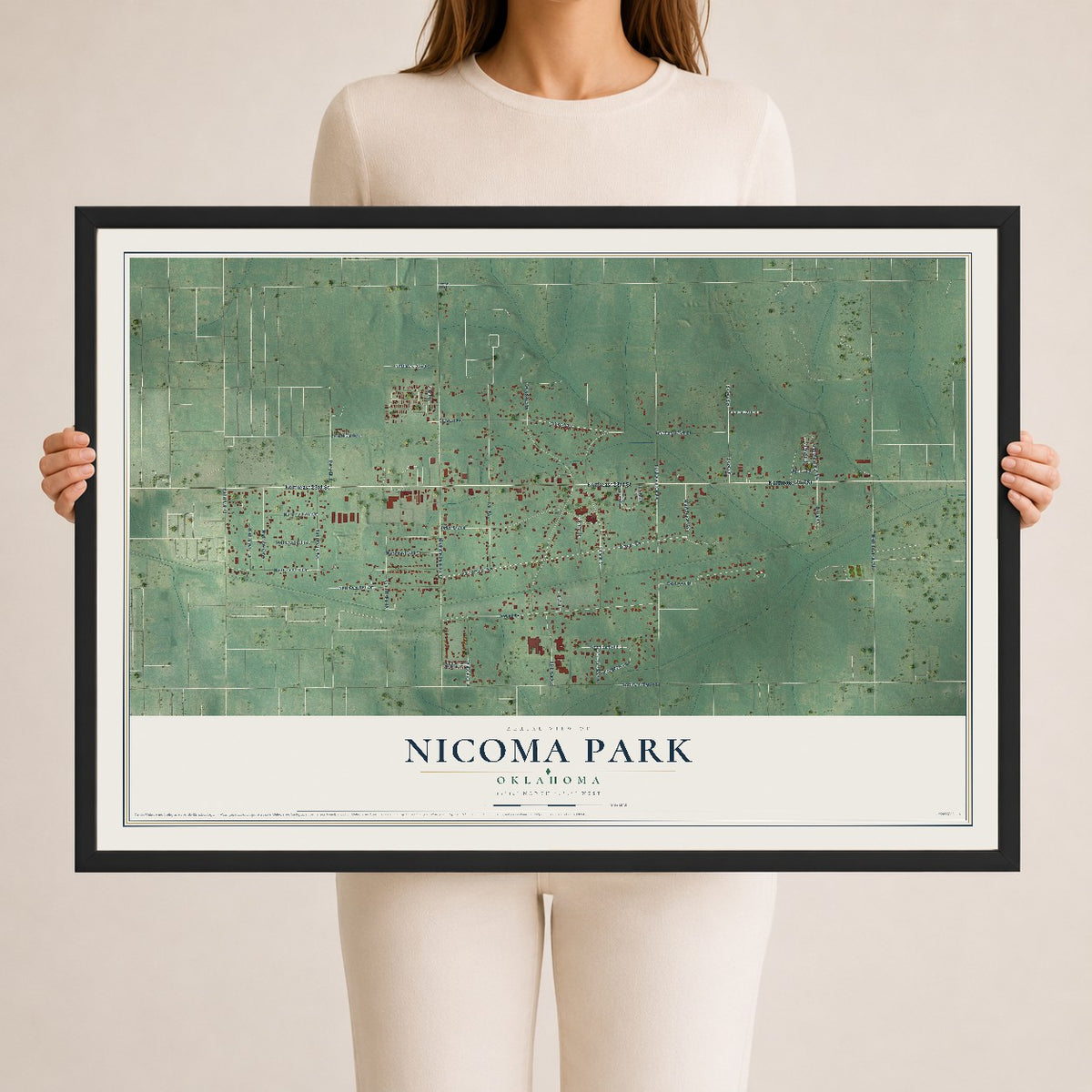 Map of Nicoma Park, Oklahoma, 24 x 36 inch print in a black wood frame