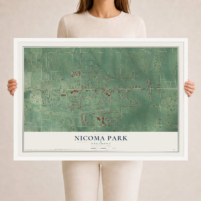 Map of Nicoma Park, Oklahoma, 24 x 36 inch print in a white wood frame