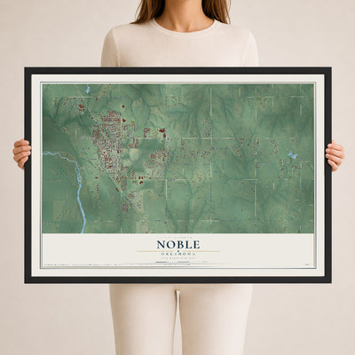 Map of Noble, Oklahoma, 24 x 36 inch print in a black wood frame