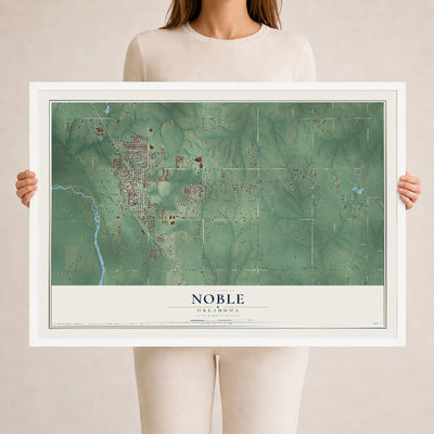 Map of Noble, Oklahoma, 24 x 36 inch print in a white wood frame