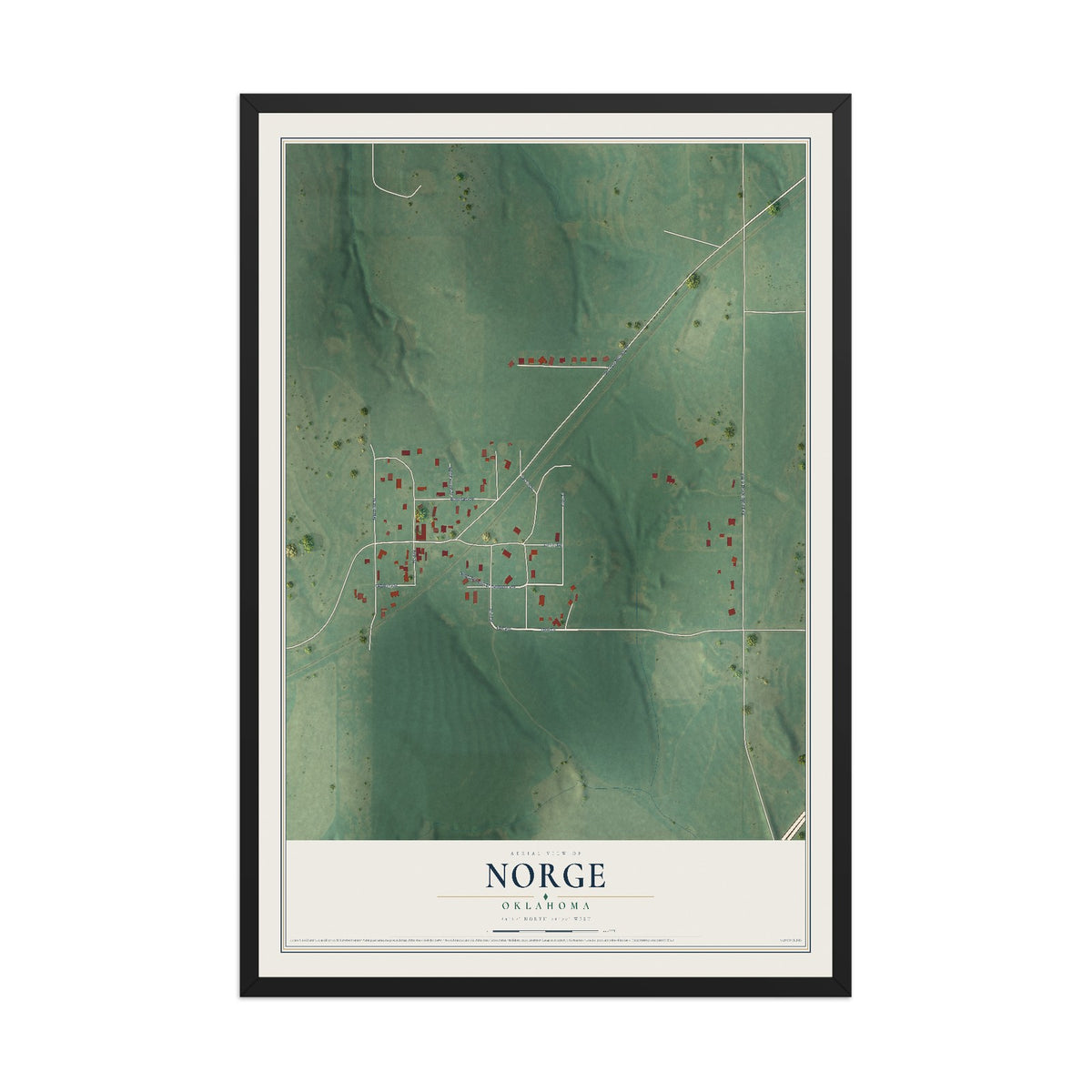 Map of Norge, Oklahoma, 12 x 18 inch print in a black wood frame