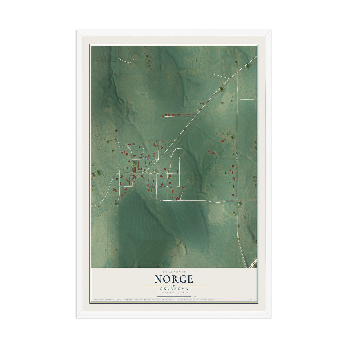 Map of Norge, Oklahoma, 12 x 18 inch print in a white wood frame