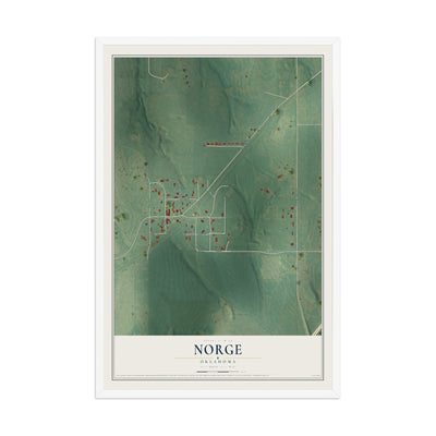 Map of Norge, Oklahoma, 12 x 18 inch print in a white wood frame