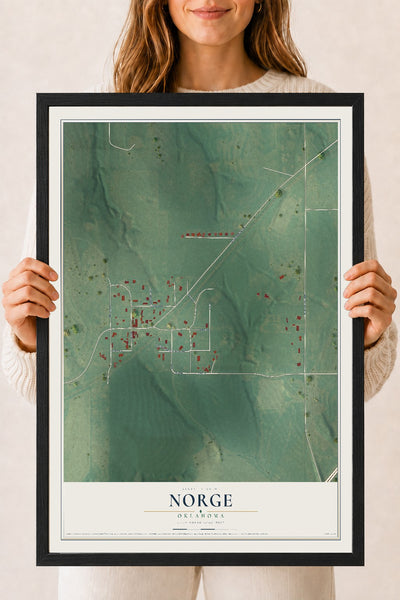 Map of Norge, Oklahoma, 18 x 24 inch print in a black wood frame