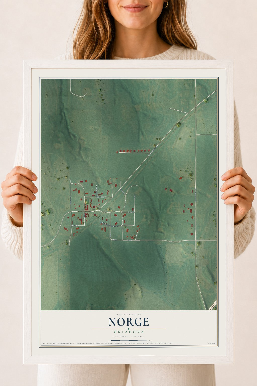 Map of Norge, Oklahoma, 18 x 24 inch print in a white wood frame