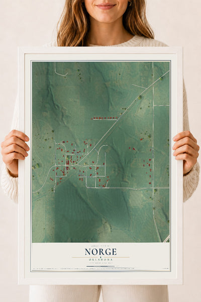 Map of Norge, Oklahoma, 18 x 24 inch print in a white wood frame