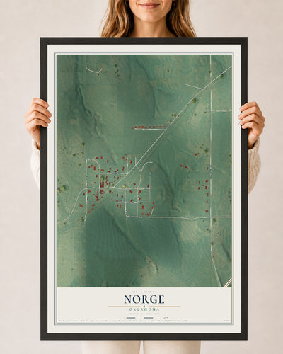 Map of Norge, Oklahoma, 24 x 36 inch print in a black wood frame