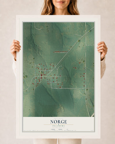 Map of Norge, Oklahoma, 24 x 36 inch print in a white wood frame