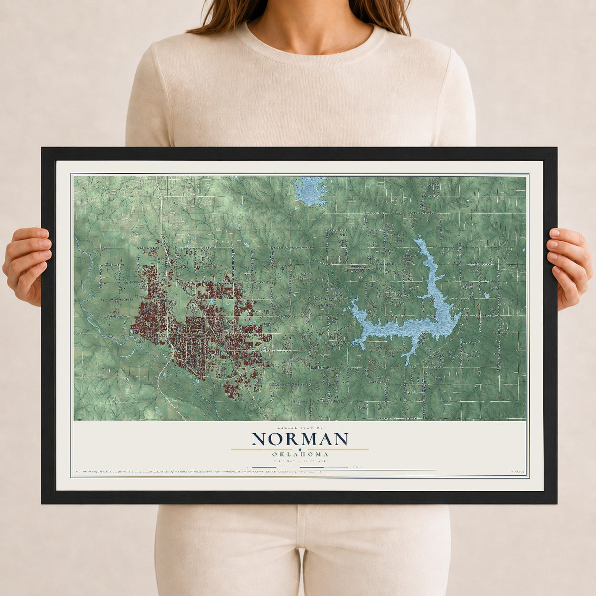 Map of Norman, Oklahoma, 12 x 18 inch print in a black wood frame