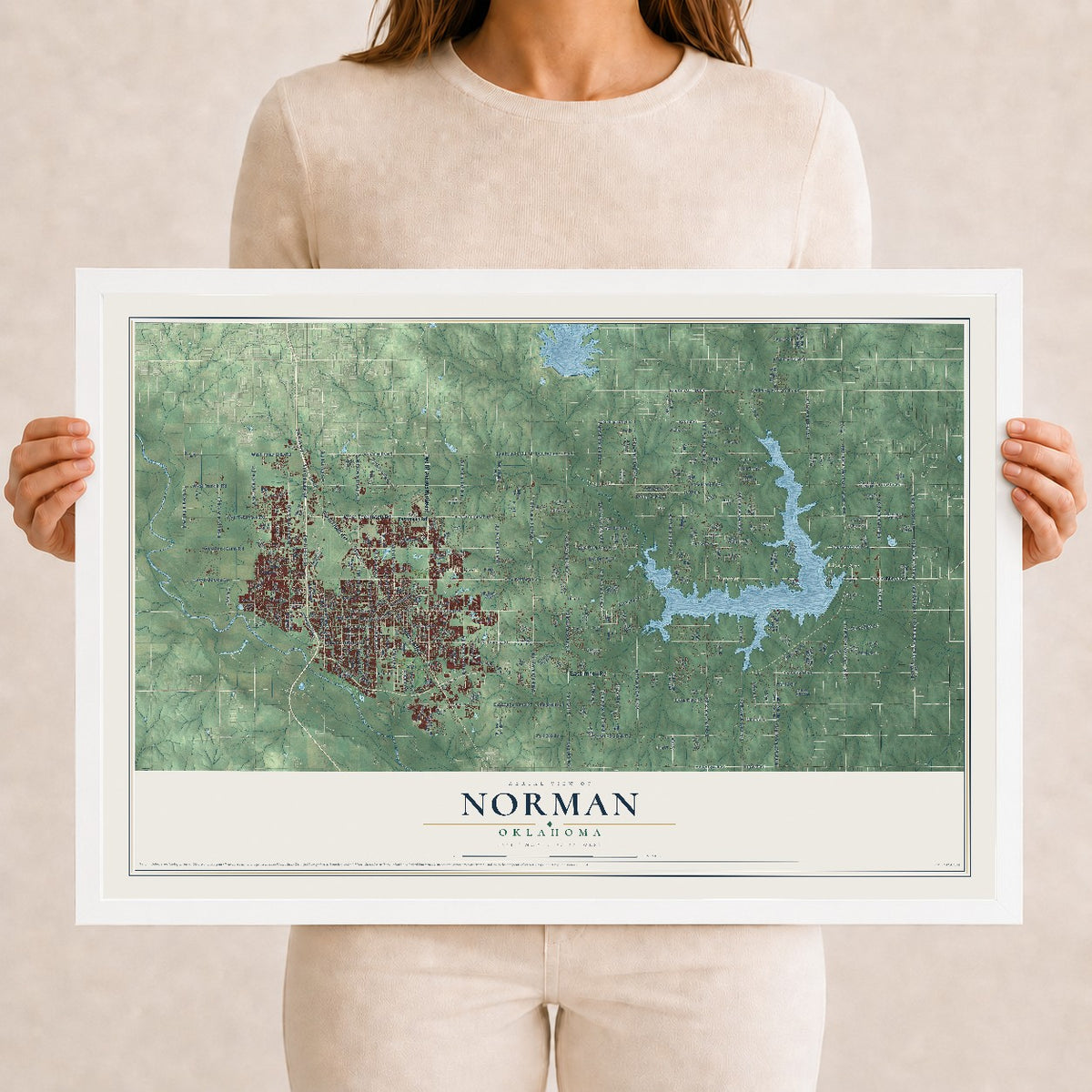 Map of Norman, Oklahoma, 12 x 18 inch print in a white wood frame