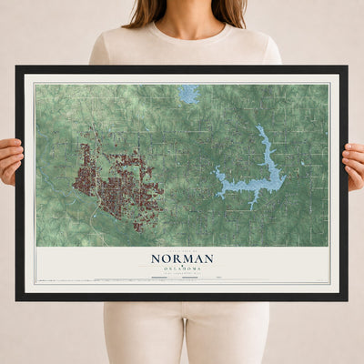 Map of Norman, Oklahoma, 18 x 24 inch print in a black wood frame