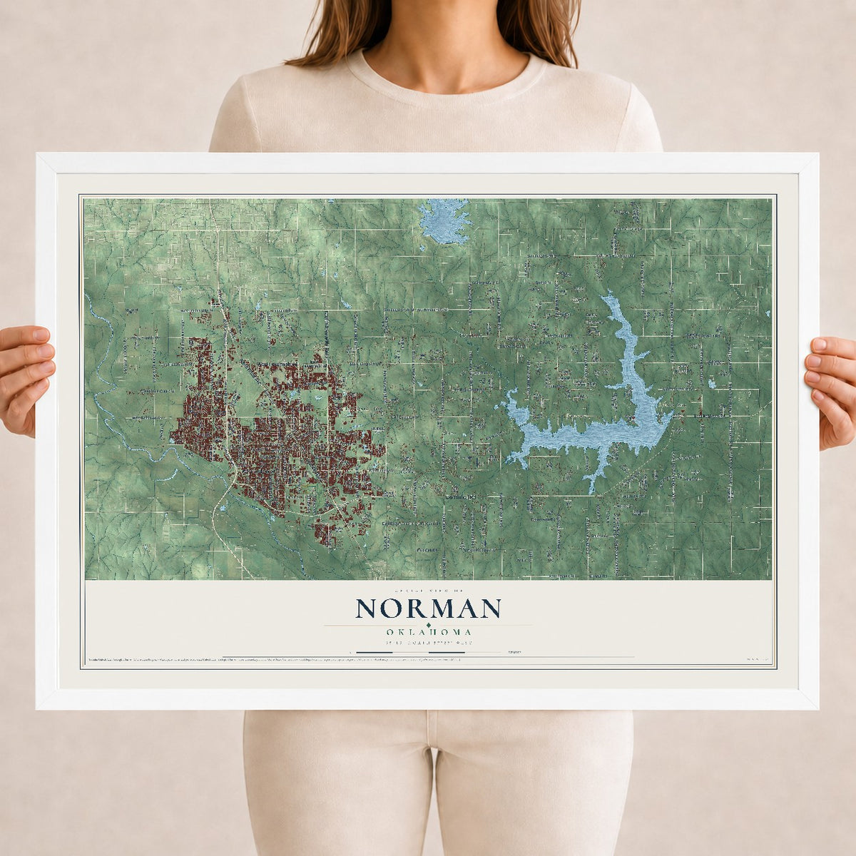 Map of Norman, Oklahoma, 18 x 24 inch print in a white wood frame
