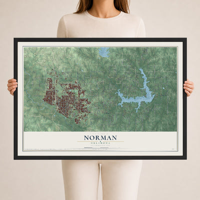 Map of Norman, Oklahoma, 24 x 36 inch print in a black wood frame