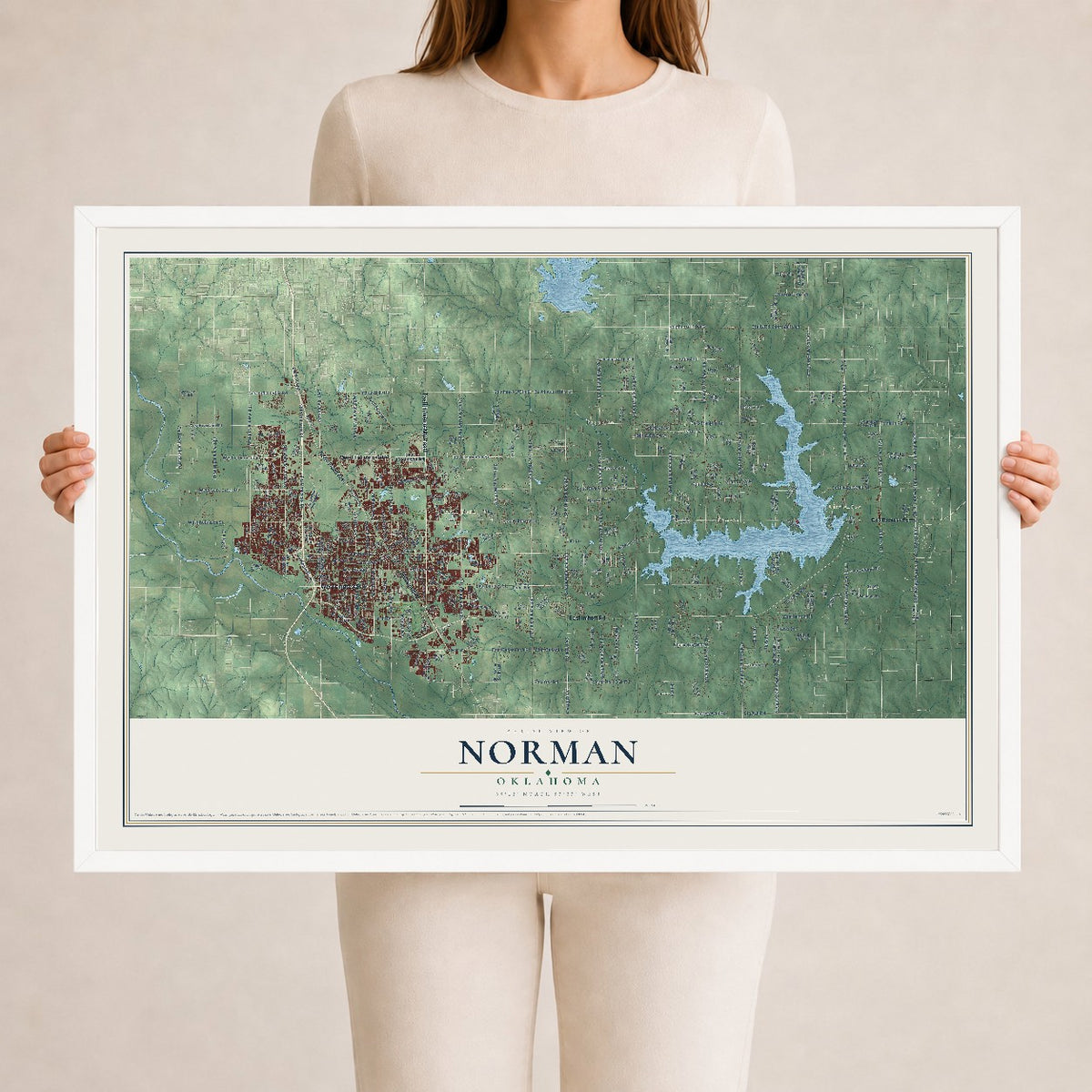 Map of Norman, Oklahoma, 24 x 36 inch print in a white wood frame