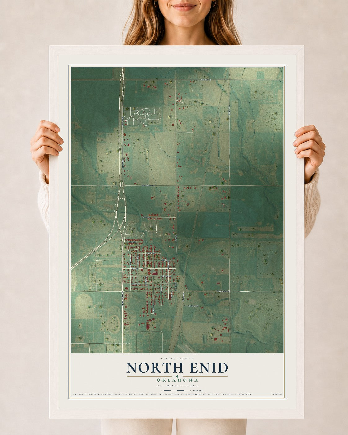 Map of North Enid, Oklahoma, 24 x 36 inch print in a white wood frame