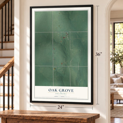 Oak Grove, Oklahoma map, 24 x 36 inch print in a black frame by a staircase