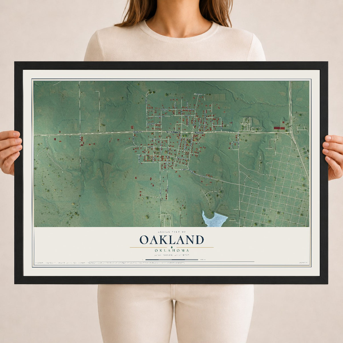 Map of Oakland, Oklahoma, 18 x 24 inch print in a black wood frame
