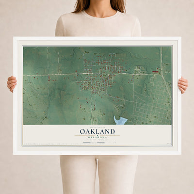 Map of Oakland, Oklahoma, 24 x 36 inch print in a white wood frame