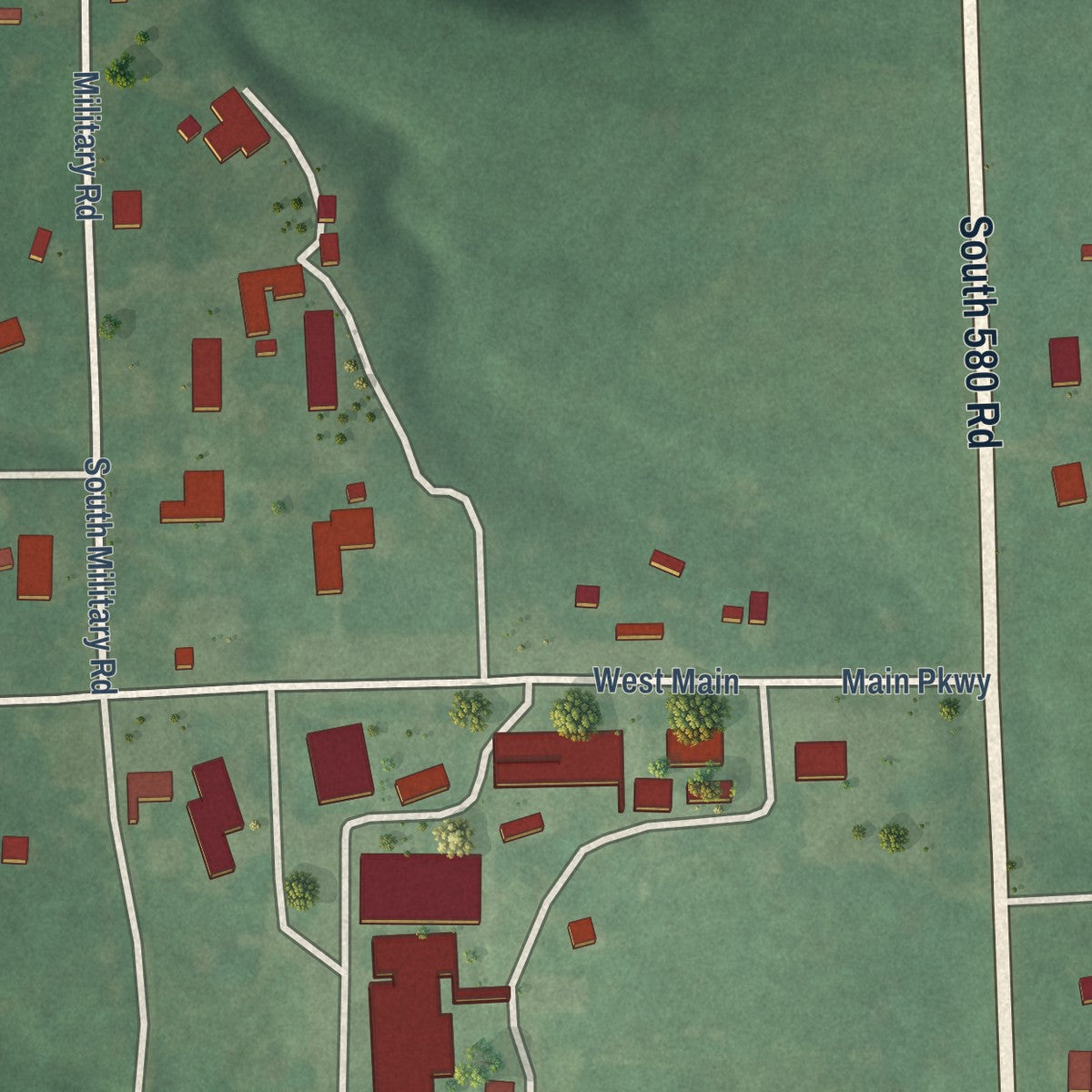 Close-up of the map of Oaks, Oklahoma print showing street and building detail