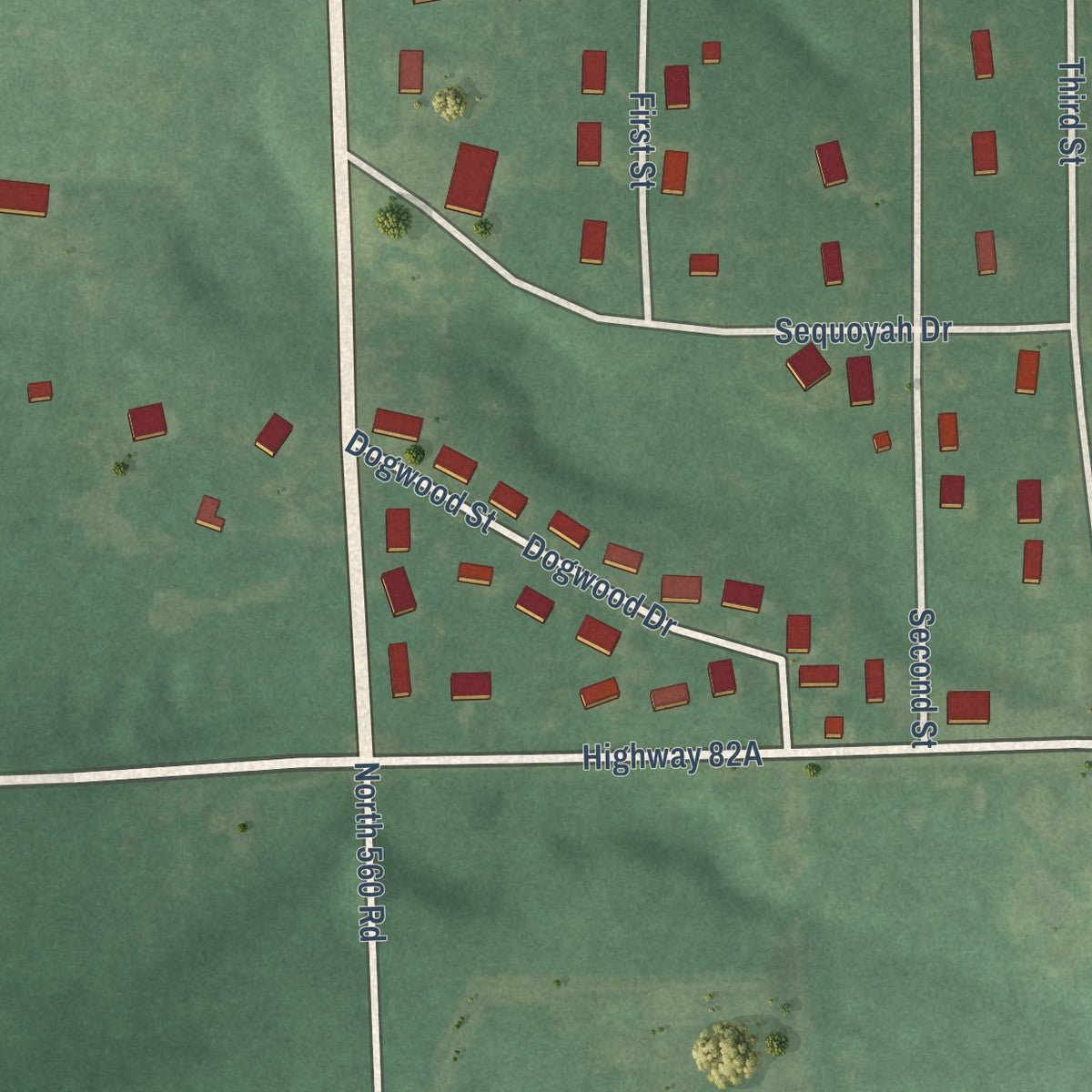 Second close-up of the map of Oaks, Oklahoma print showing more streets and buildings