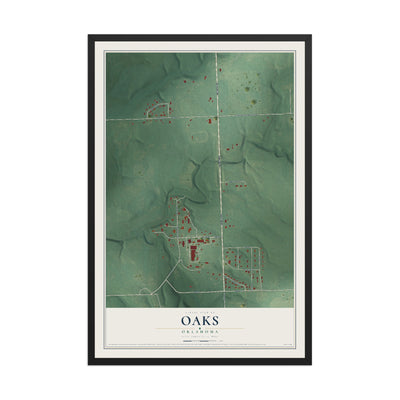 Map of Oaks, Oklahoma, 12 x 18 inch print in a black wood frame