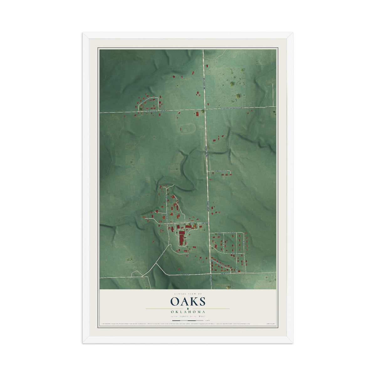 Map of Oaks, Oklahoma, 12 x 18 inch print in a white wood frame