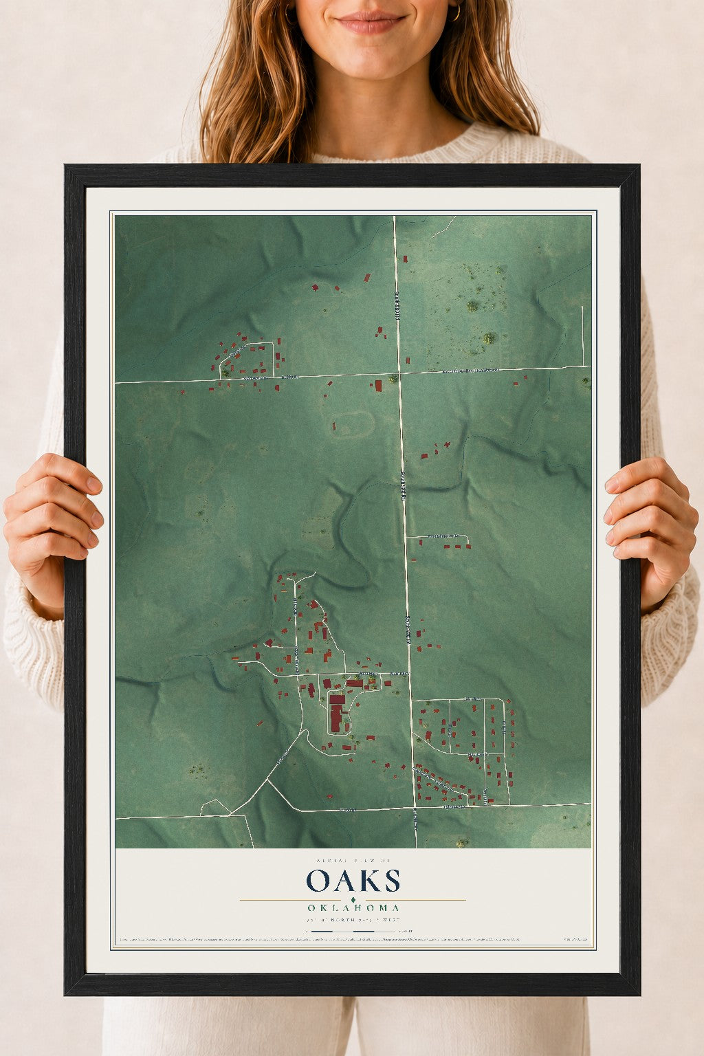 Map of Oaks, Oklahoma, 18 x 24 inch print in a black wood frame