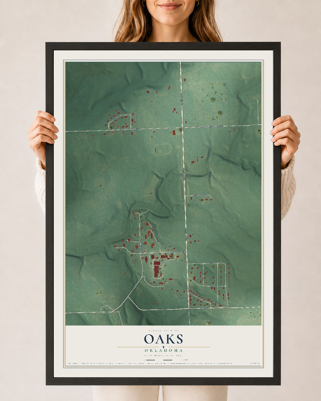 Map of Oaks, Oklahoma, 24 x 36 inch print in a black wood frame