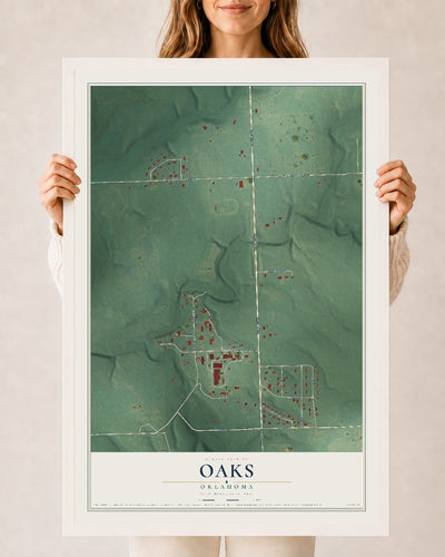 Map of Oaks, Oklahoma, 24 x 36 inch print in a white wood frame