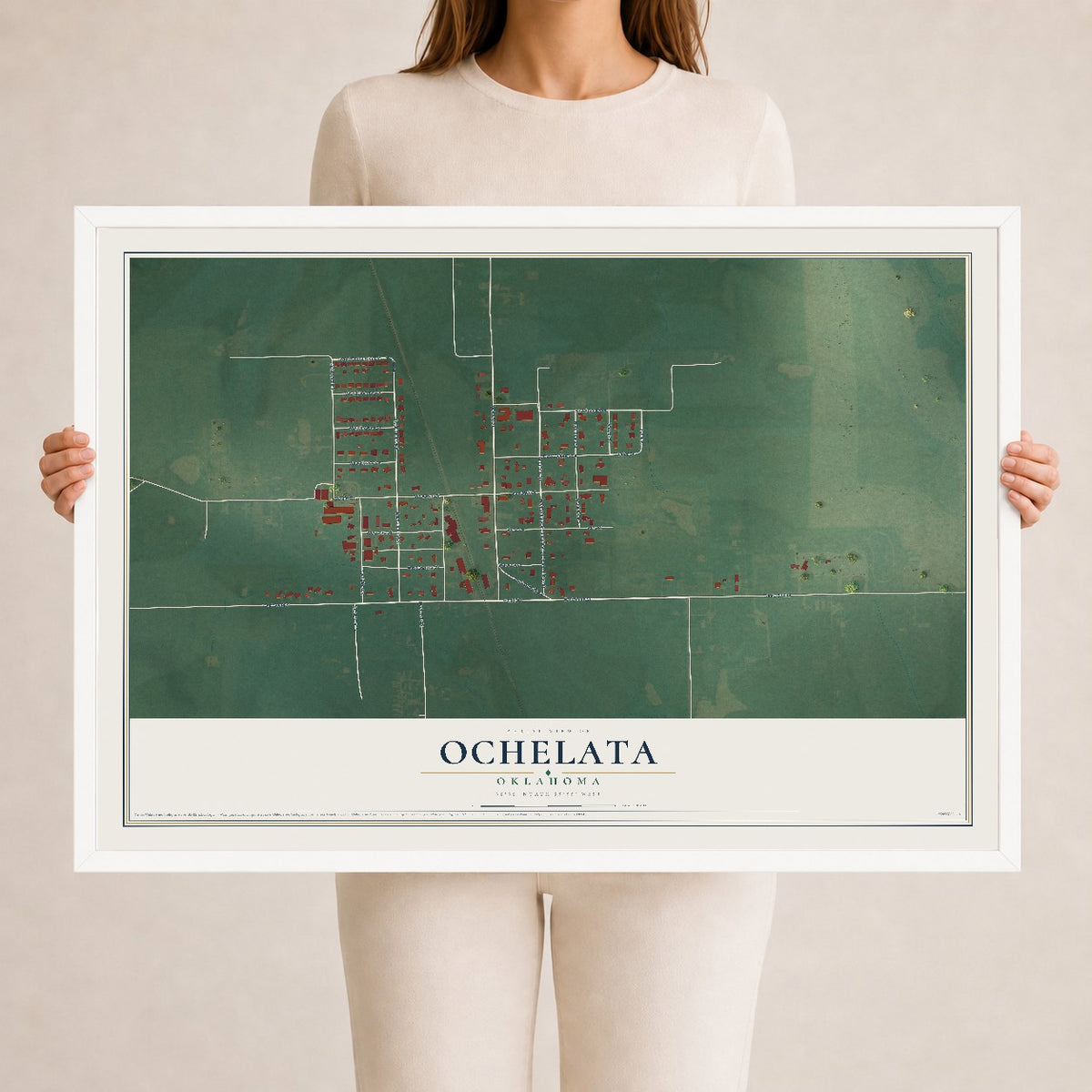 Map of Ochelata, Oklahoma, 24 x 36 inch print in a white wood frame