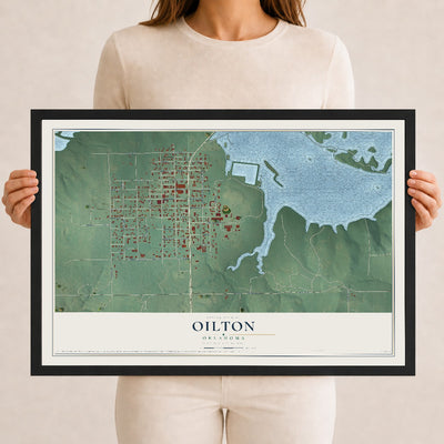 Map of Oilton, Oklahoma, 12 x 18 inch print in a black wood frame