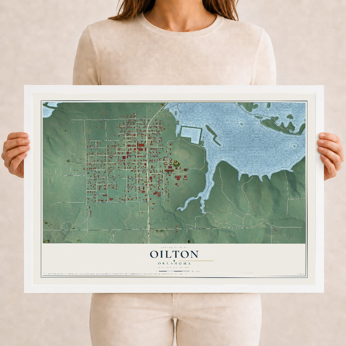 Map of Oilton, Oklahoma, 12 x 18 inch print in a white wood frame