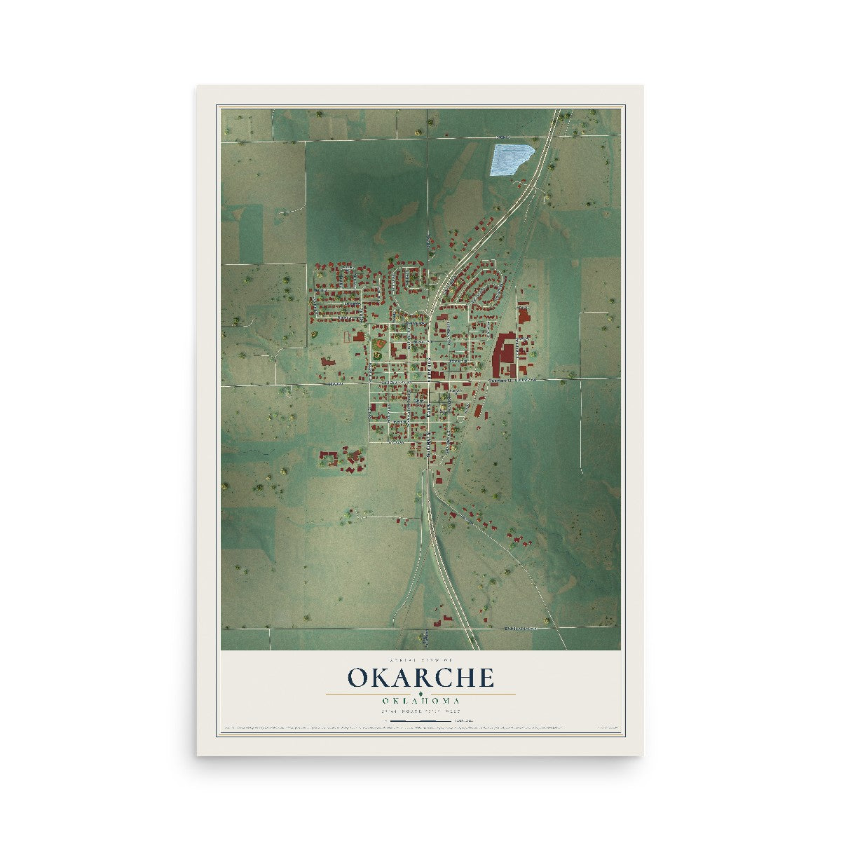 Map of Okarche, Oklahoma, 12 x 18 inch unframed archival matte print