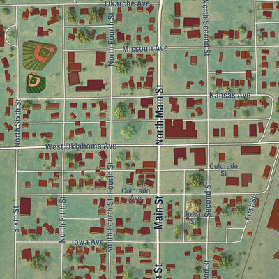Close-up of the map of Okarche, Oklahoma print showing street and building detail
