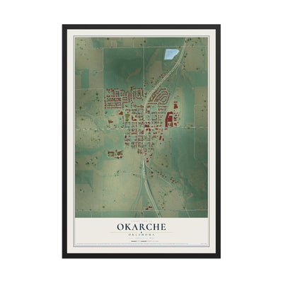Map of Okarche, Oklahoma, 12 x 18 inch print in a black wood frame
