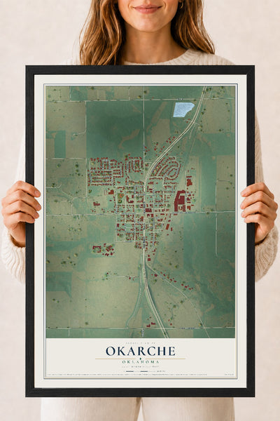 Map of Okarche, Oklahoma, 18 x 24 inch print in a black wood frame