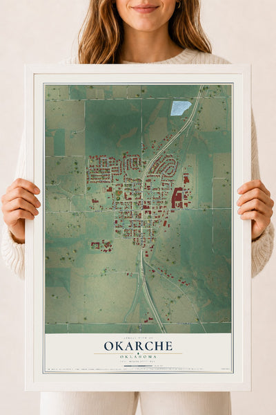 Map of Okarche, Oklahoma, 18 x 24 inch print in a white wood frame