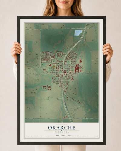Map of Okarche, Oklahoma, 24 x 36 inch print in a black wood frame