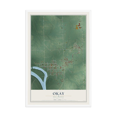 Map of Okay, Oklahoma, 12 x 18 inch print in a white wood frame