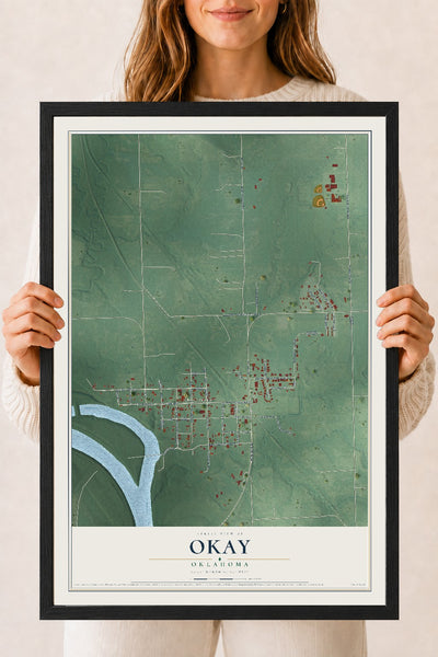 Map of Okay, Oklahoma, 18 x 24 inch print in a black wood frame