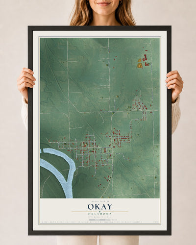 Map of Okay, Oklahoma, 24 x 36 inch print in a black wood frame