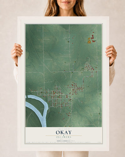 Map of Okay, Oklahoma, 24 x 36 inch print in a white wood frame
