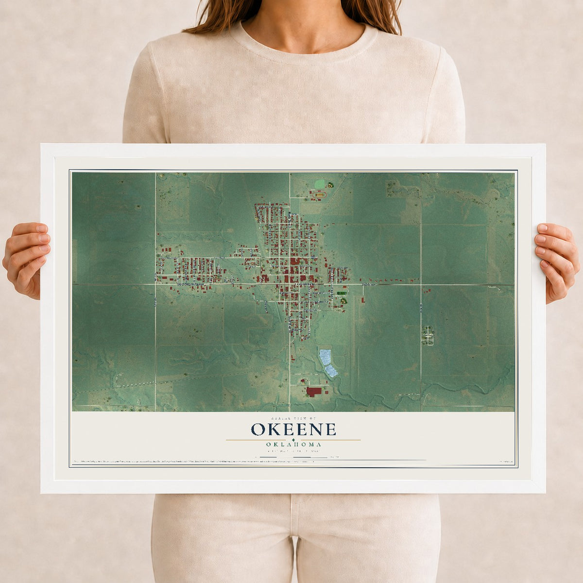 Map of Okeene, Oklahoma, 12 x 18 inch print in a white wood frame