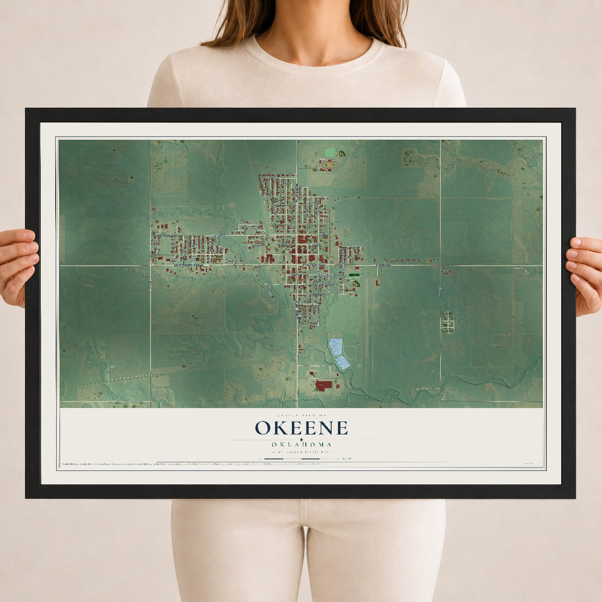 Map of Okeene, Oklahoma, 18 x 24 inch print in a black wood frame
