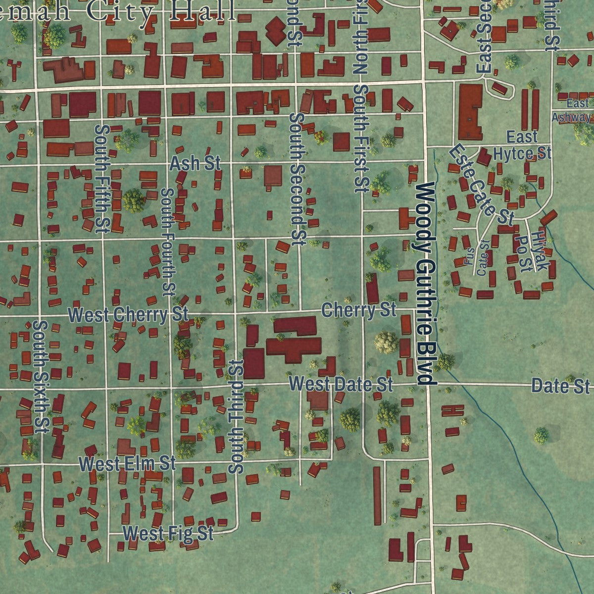 Close-up of the map of Okemah, Oklahoma print showing street and building detail