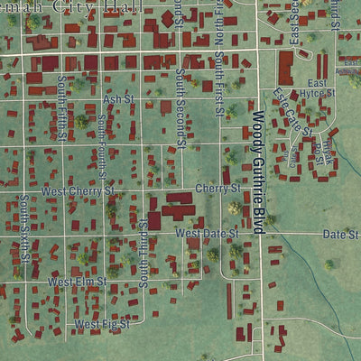 Close-up of the map of Okemah, Oklahoma print showing street and building detail