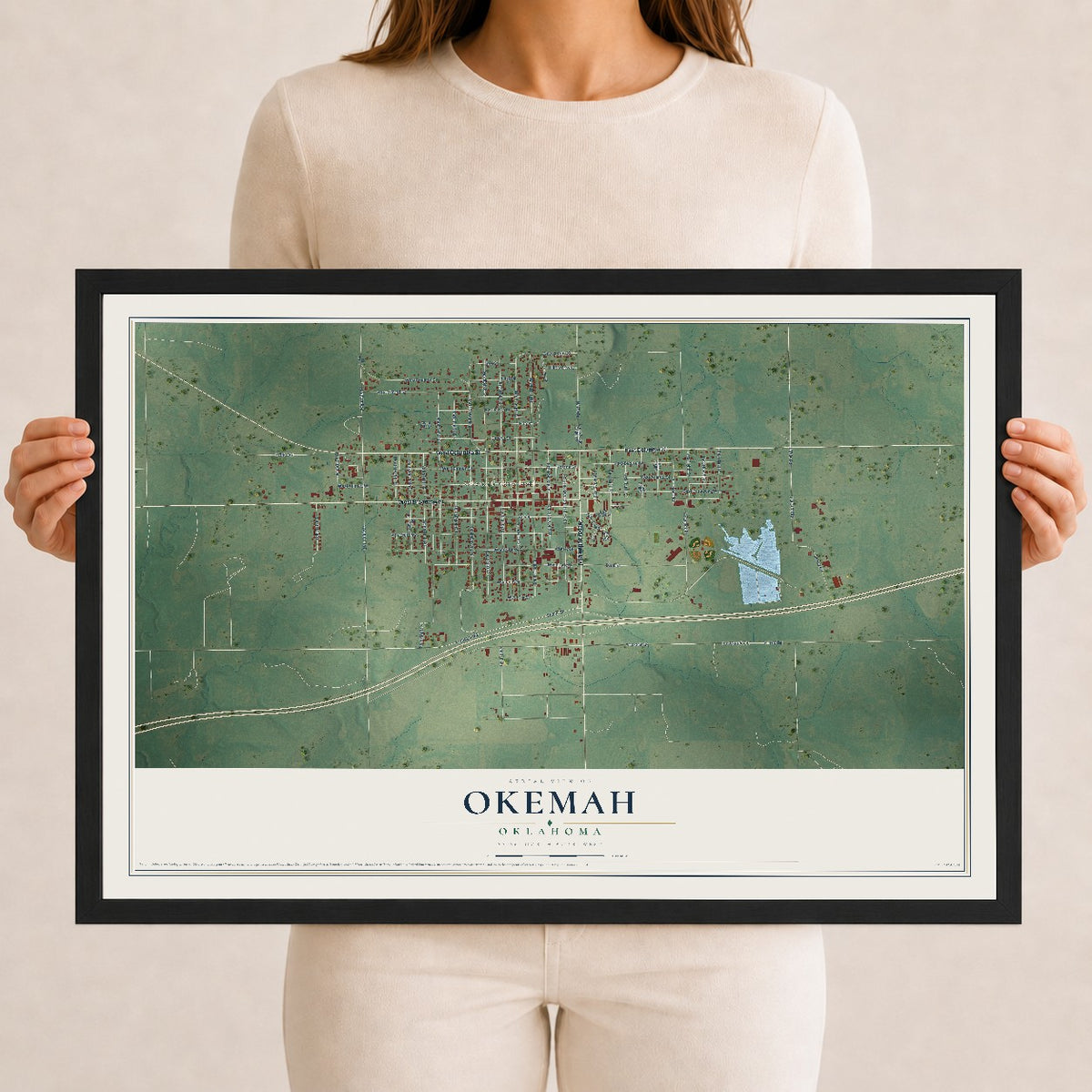 Map of Okemah, Oklahoma, 12 x 18 inch print in a black wood frame