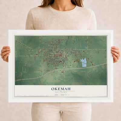 Map of Okemah, Oklahoma, 12 x 18 inch print in a white wood frame