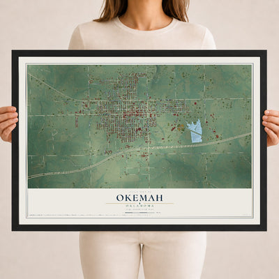 Map of Okemah, Oklahoma, 18 x 24 inch print in a black wood frame